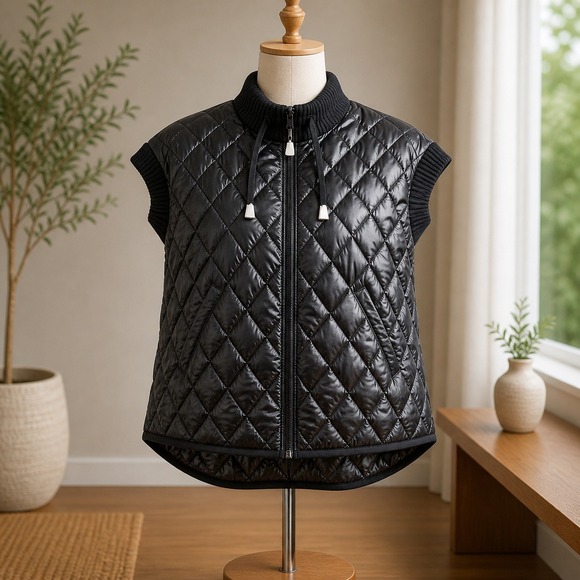 Martha Stewart Signature Jackets & Blazers - NWT Martha Stewart Signature Black Quilted Puffer Vest Knit Trim Small REPREVE